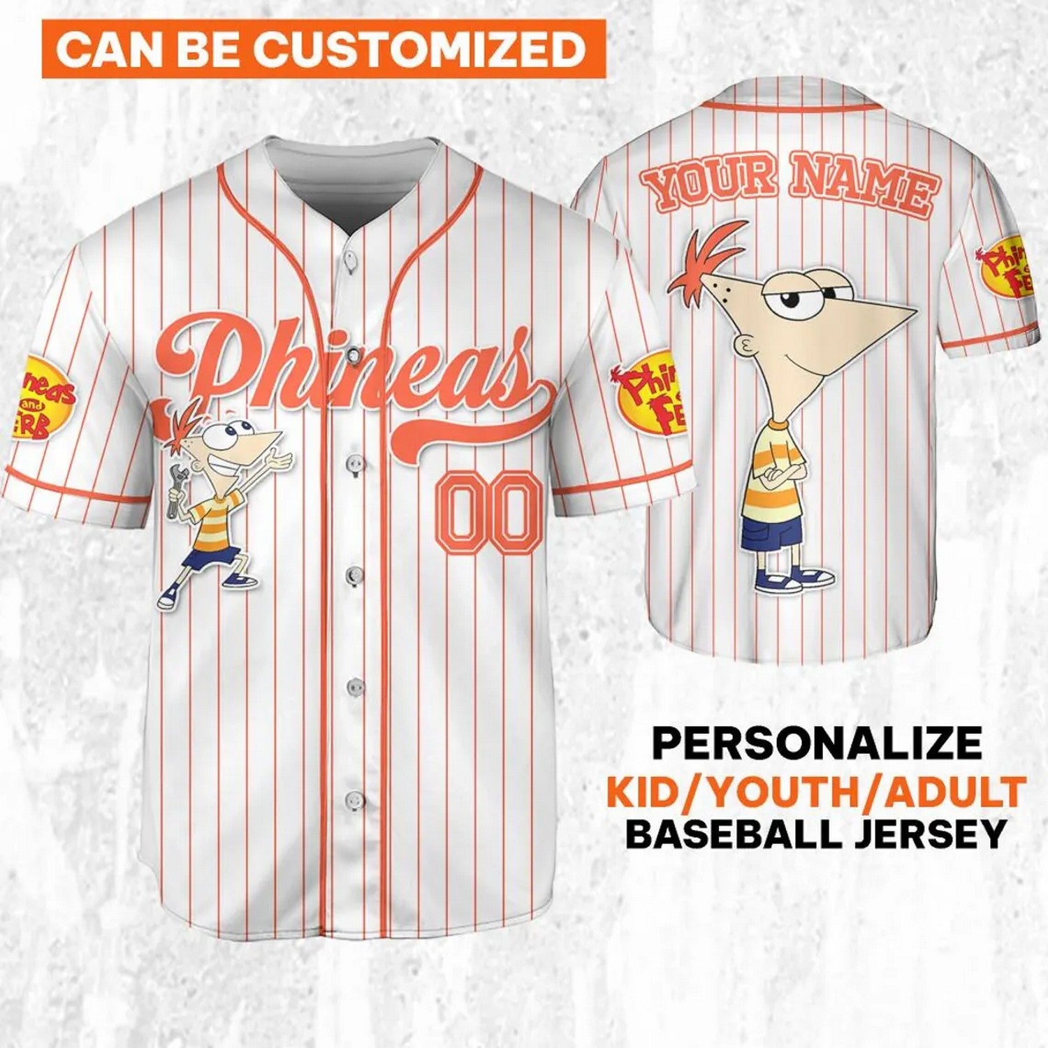 Custom Name And Number Disney Phineas And Ferb Phineas Striped White Baseball Jersey