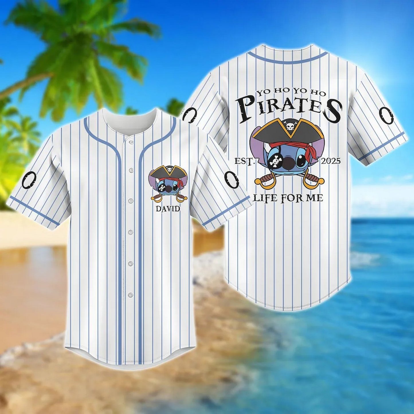 Custom Name And Number Disney Pirate Stitch Striped White Baseball Jersey