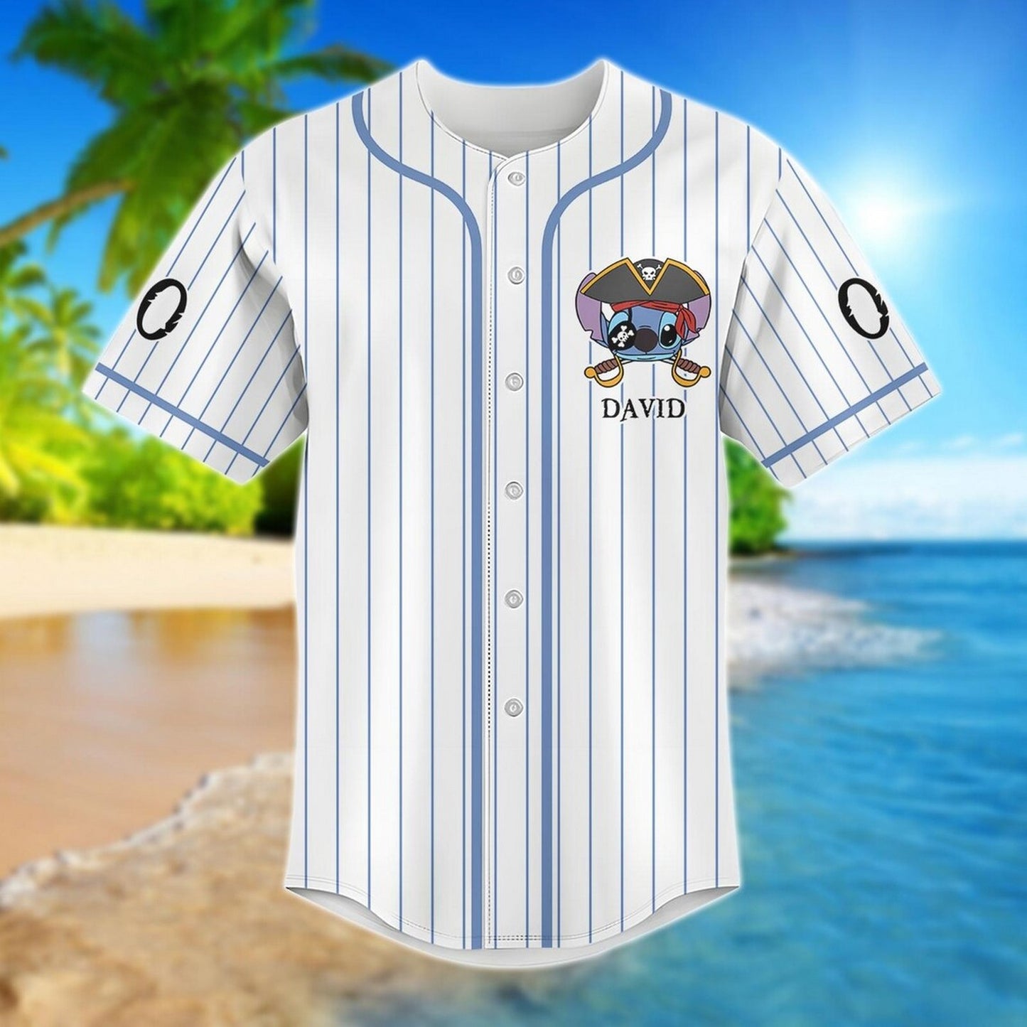 Custom Name And Number Disney Pirate Stitch Striped White Baseball Jersey