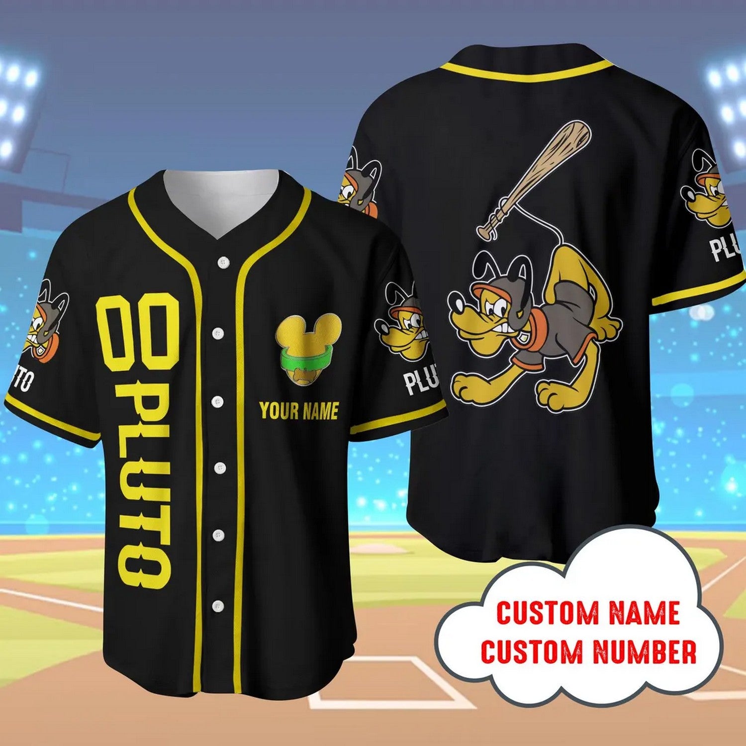 Custom Name And Number Disney Pluto Black Baseball Jersey