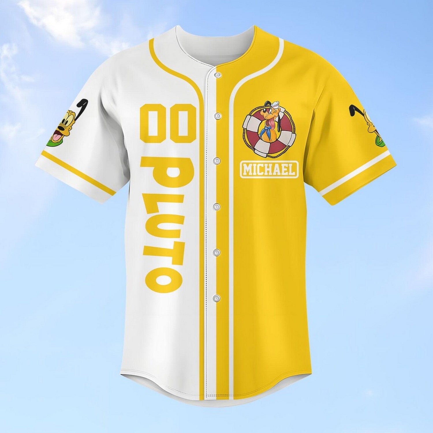 Custom Name And Number Disney Pluto Cruise Yellow White Baseball Jersey