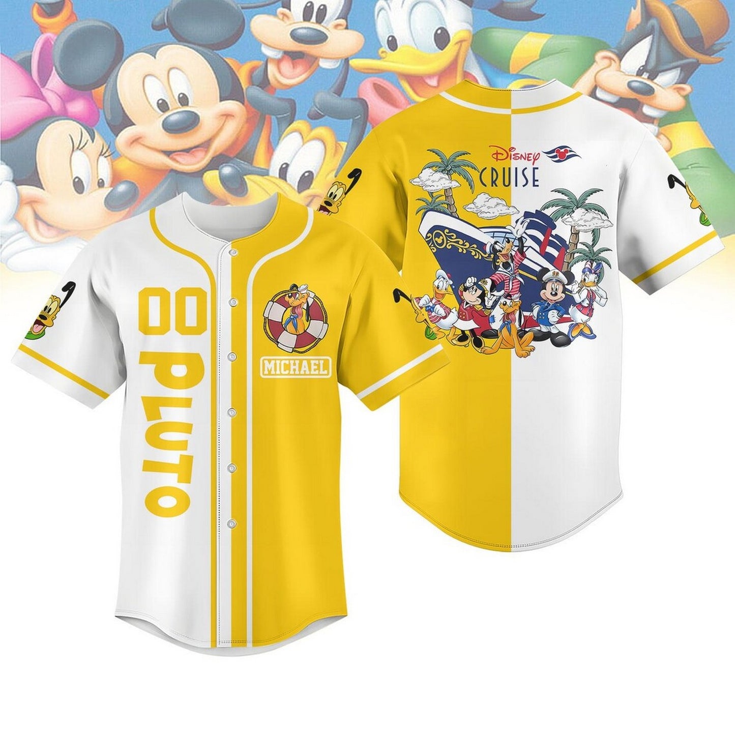 Custom Name And Number Disney Pluto Cruise Yellow White Baseball Jersey
