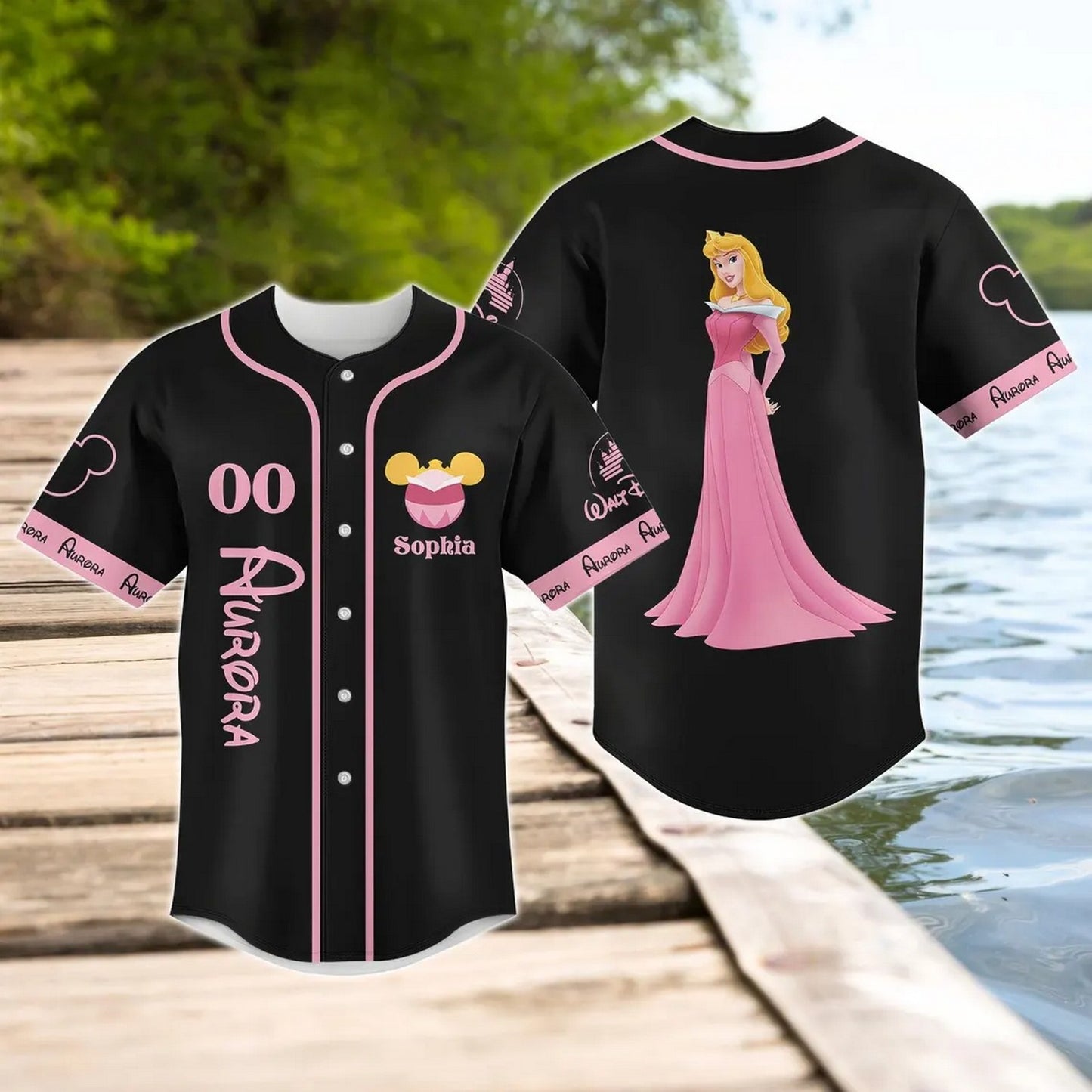 Custom Name And Number Disney Princess Aurora Sleeping Beauty Black Baseball Jersey