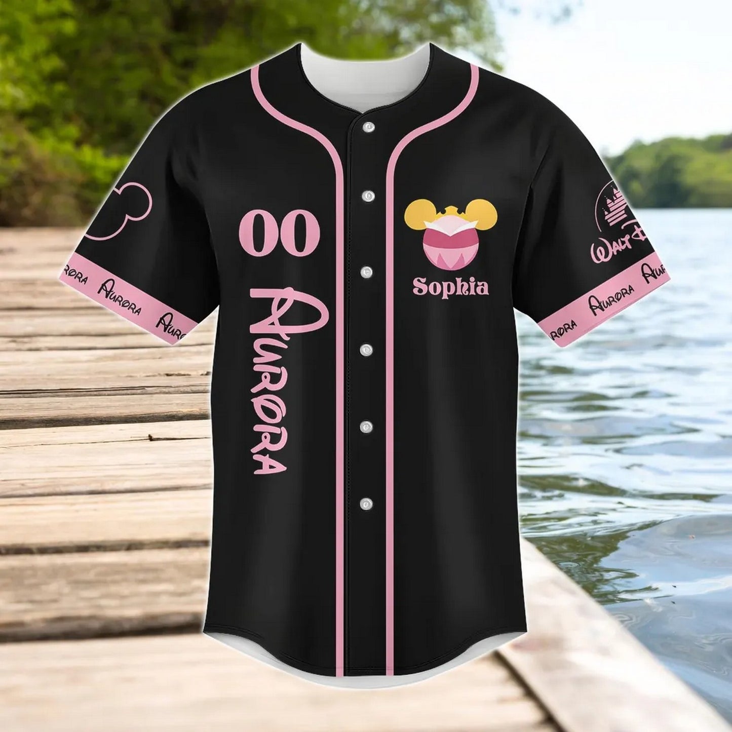 Custom Name And Number Disney Princess Aurora Sleeping Beauty Black Baseball Jersey