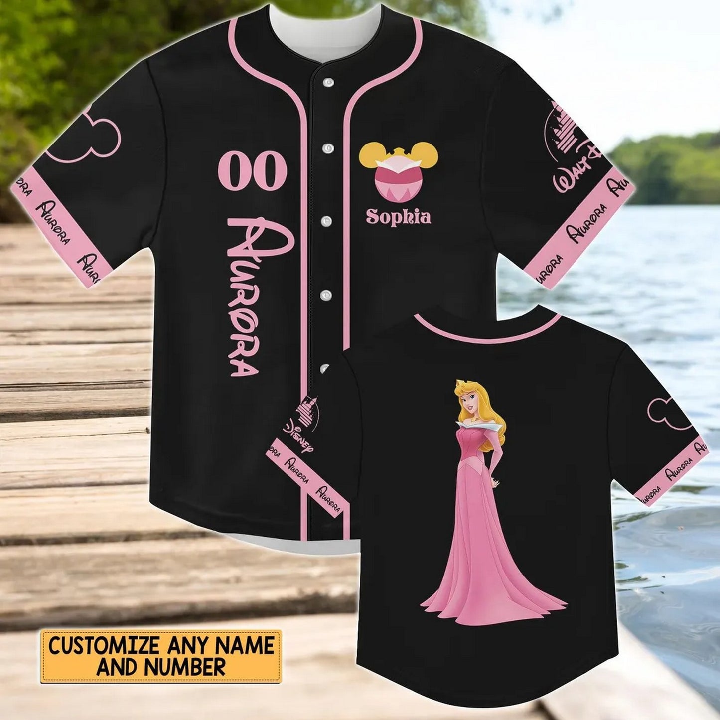 Custom Name And Number Disney Princess Aurora Sleeping Beauty Black Baseball Jersey