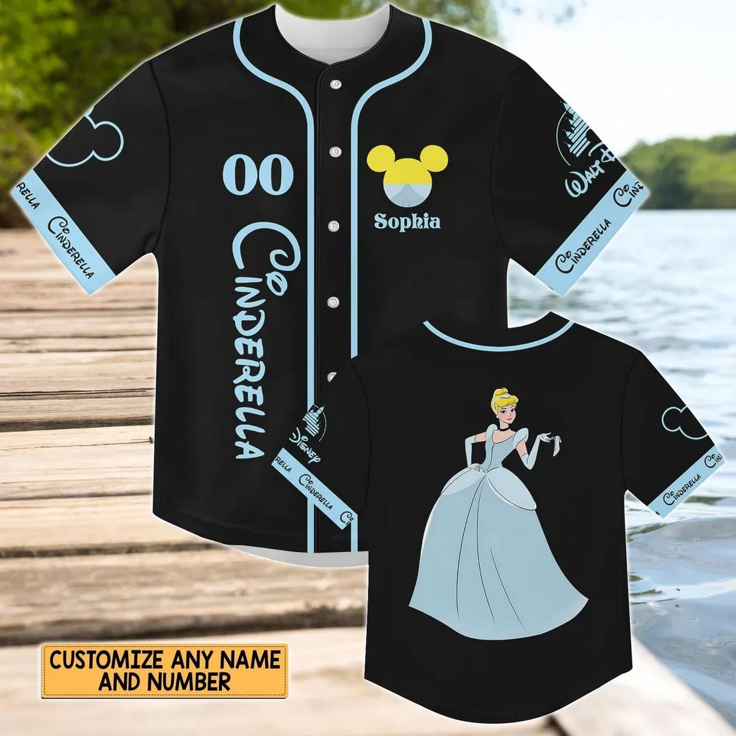 Custom Name And Number Disney Princess Cinderella Black Baseball Jersey
