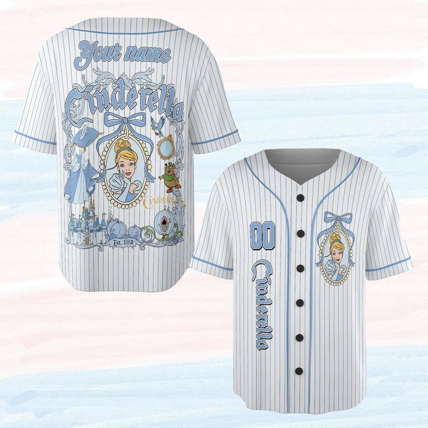 Custom Name And Number Disney Princess Cinderella Striped Blue Baseball Jersey