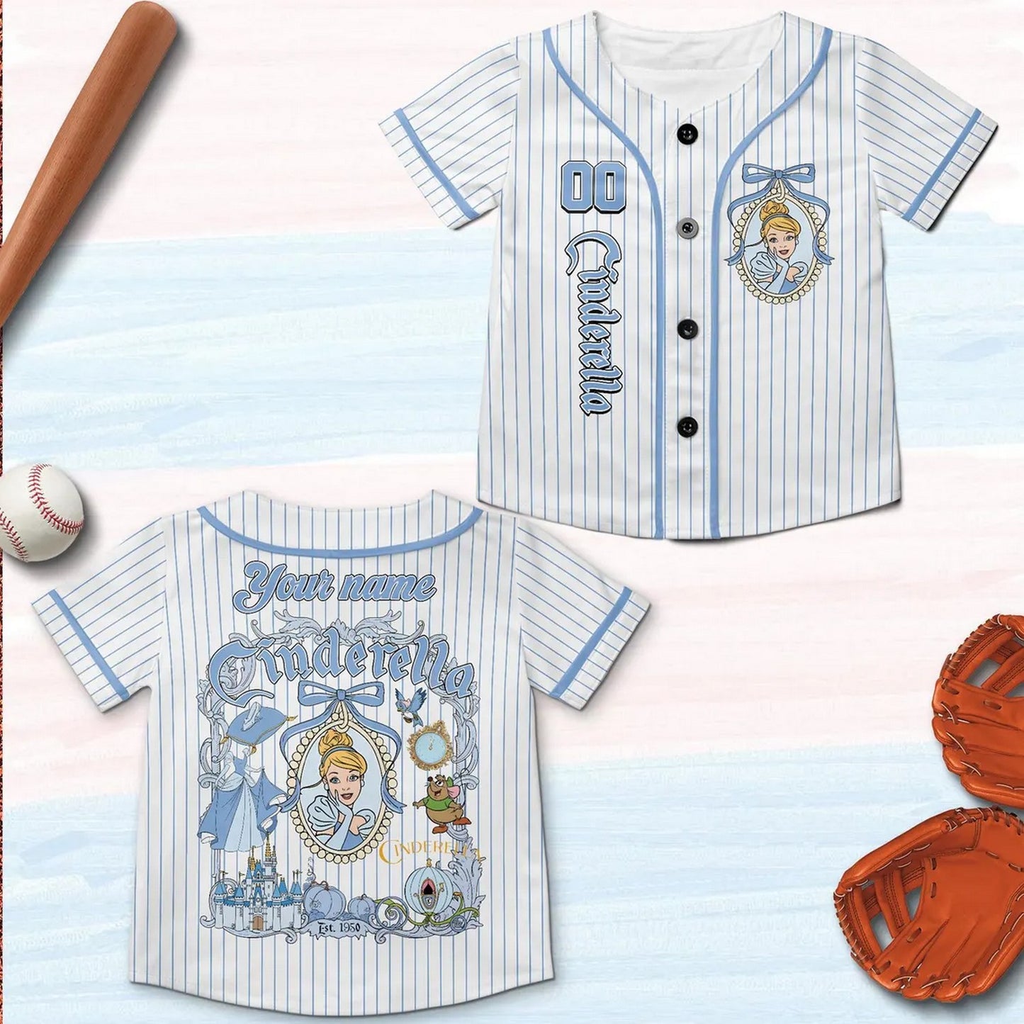 Custom Name And Number Disney Princess Cinderella Striped Blue Baseball Jersey