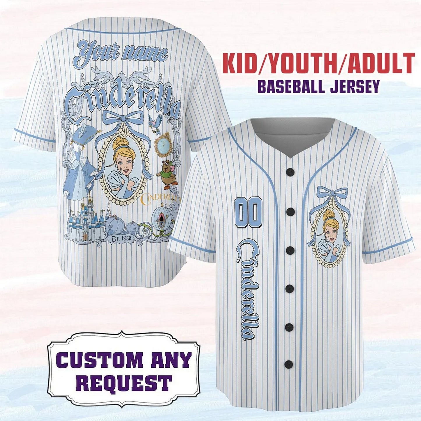 Custom Name And Number Disney Princess Cinderella Striped Blue Baseball Jersey