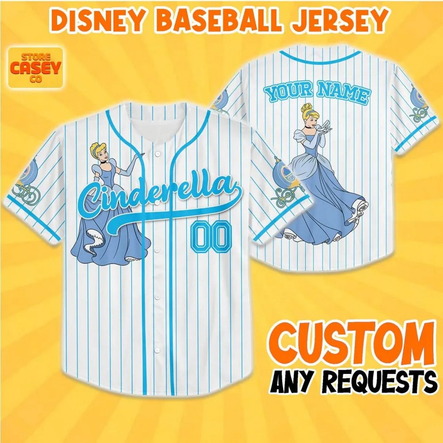 Custom Name And Number Disney Princess Cinderella White Striped Baseball Jersey