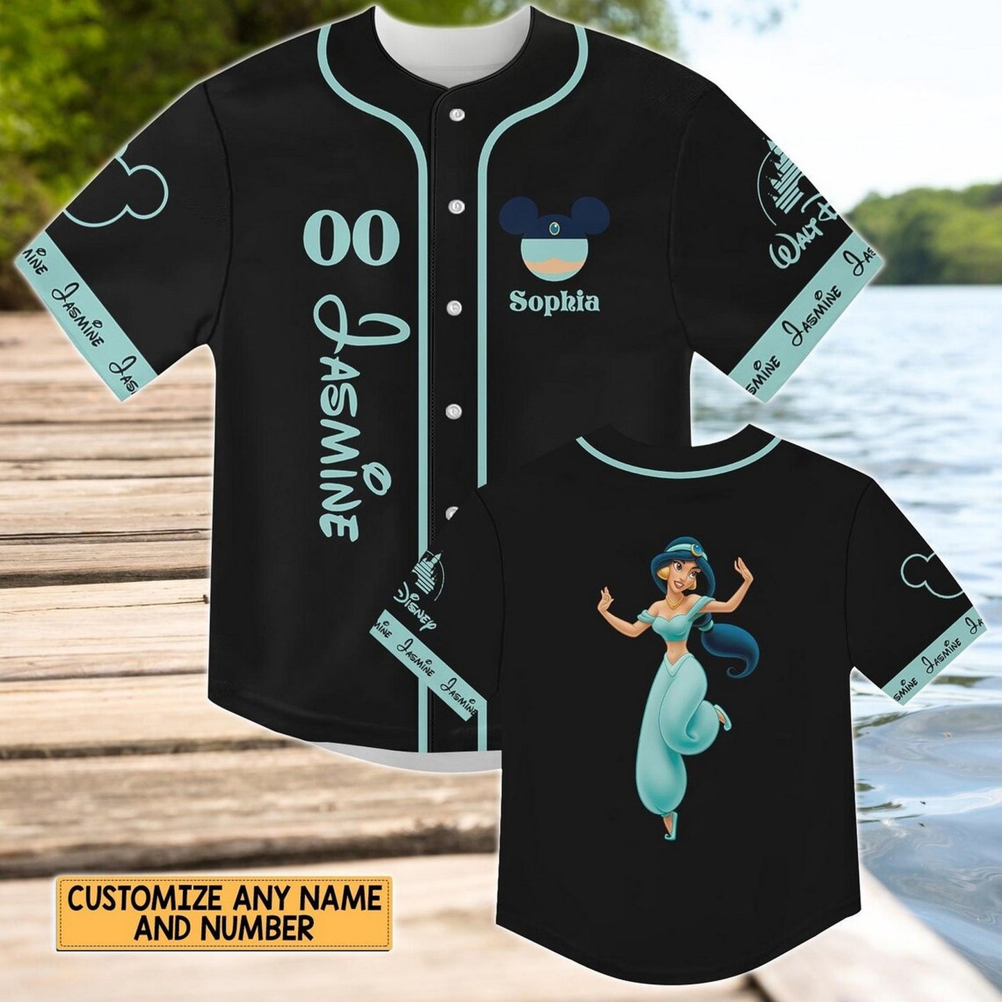 Custom Name And Number Disney Princess Jassmine Black Baseball Jersey