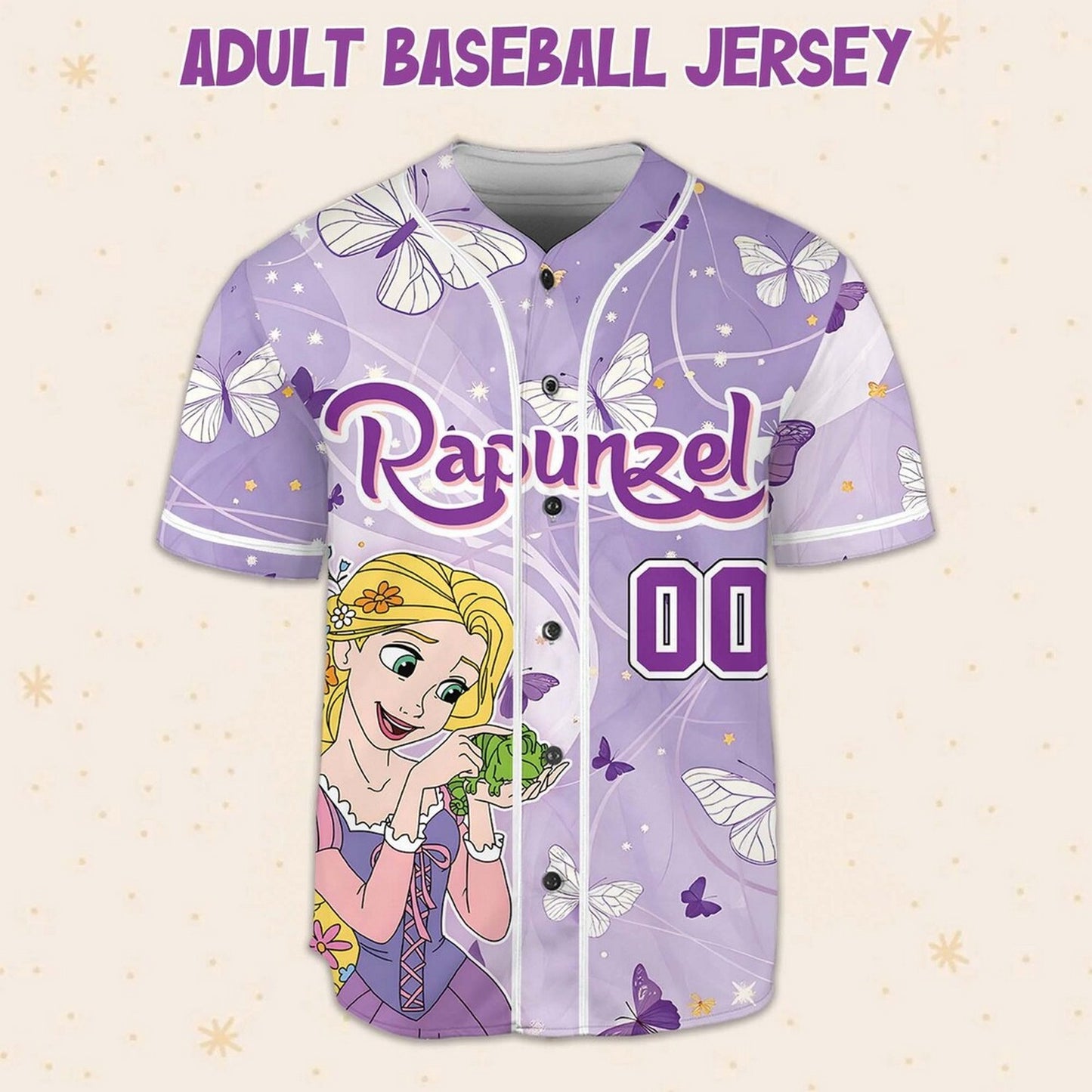Custom Name And Number Disney Princess Rapunzel Tangled And Butterfly Baseball Jersey