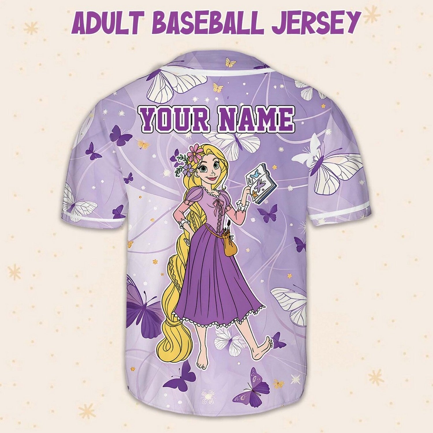 Custom Name And Number Disney Princess Rapunzel Tangled And Butterfly Baseball Jersey