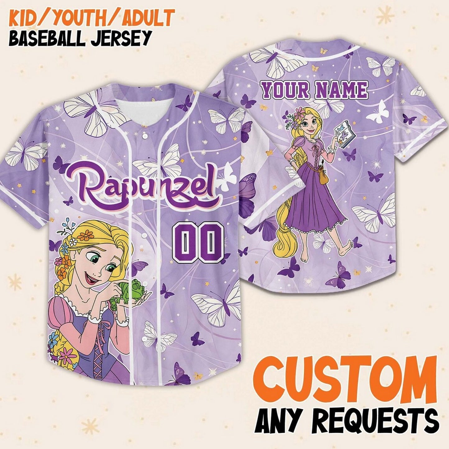 Custom Name And Number Disney Princess Rapunzel Tangled And Butterfly Baseball Jersey