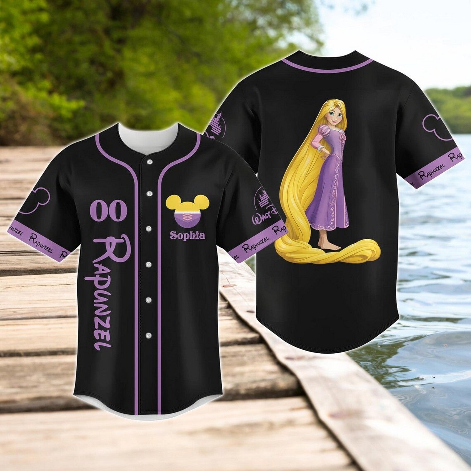 Custom Name And Number Disney Princess Rapunzel Tangled Black Baseball Jersey