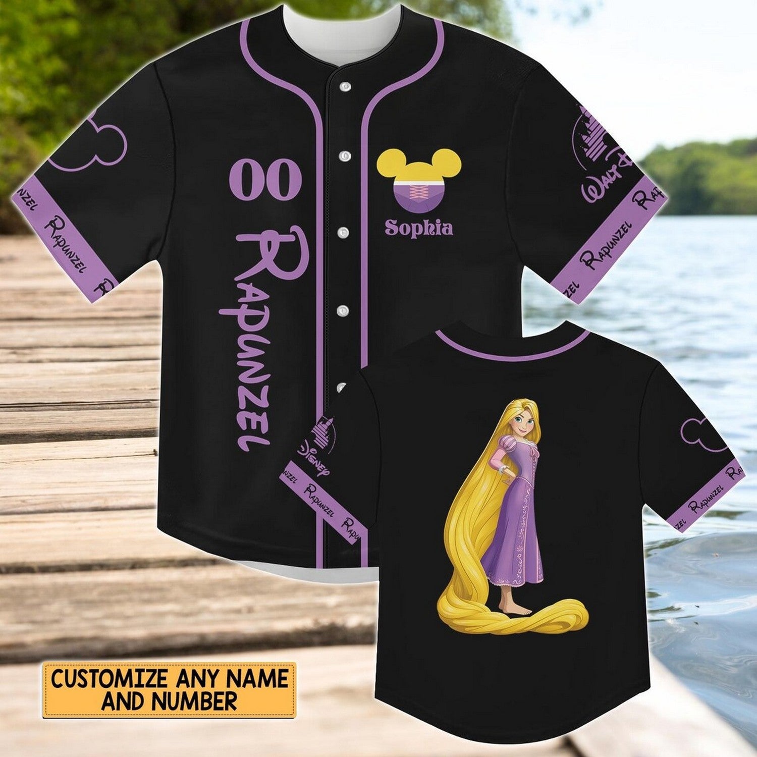 Custom Name And Number Disney Princess Rapunzel Tangled Black Baseball Jersey