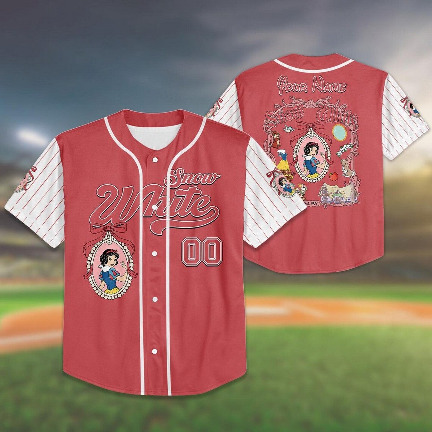 Custom Name And Number Disney Princess Snow White Red White Baseball Jersey