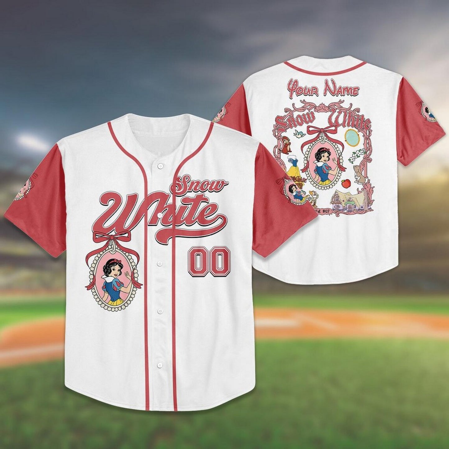 Custom Name And Number Disney Princess Snow White Simple Red White Baseball Jersey