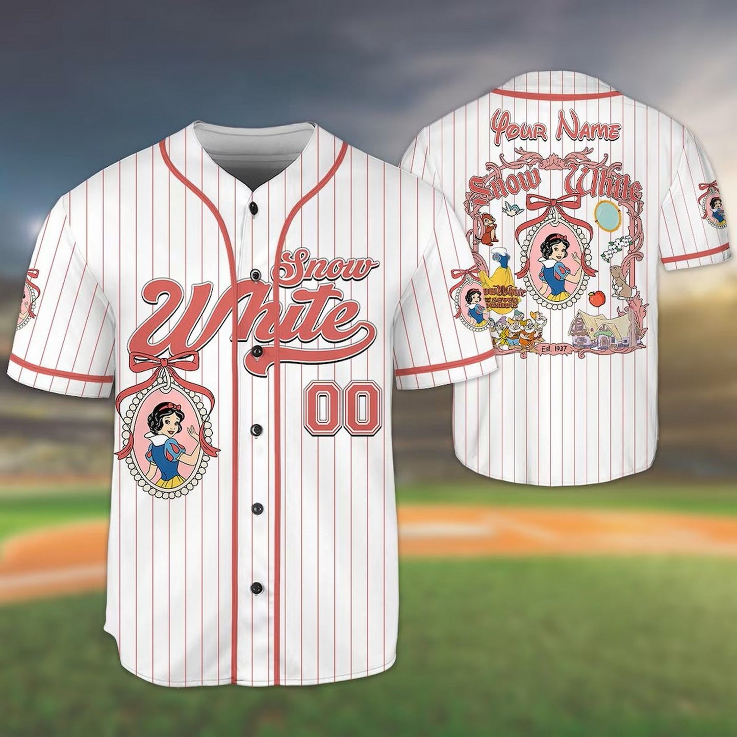 Custom Name And Number Disney Princess Snow White Striped White Baseball Jersey
