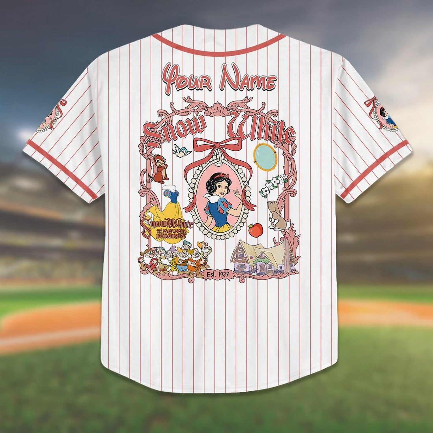 Custom Name And Number Disney Princess Snow White Striped White Baseball Jersey