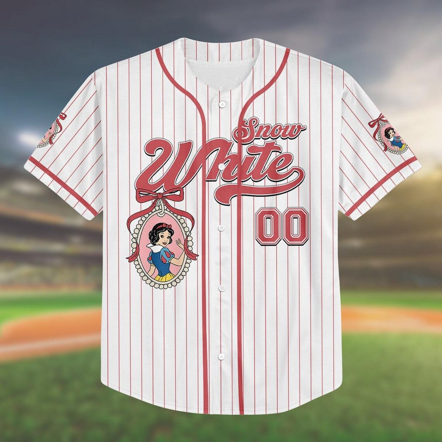 Custom Name And Number Disney Princess Snow White Striped White Baseball Jersey