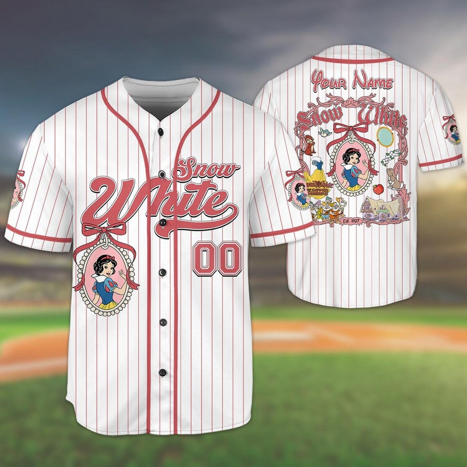 Custom Name And Number Disney Princess Snow White Stripes White Baseball Jersey