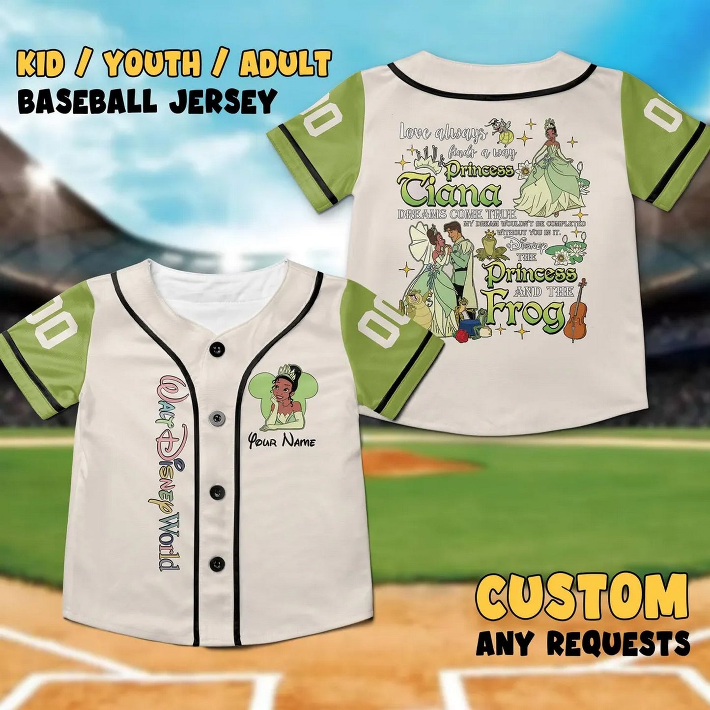 Custom Name And Number Disney Princess Tiana And The Frog Baseball Jersey