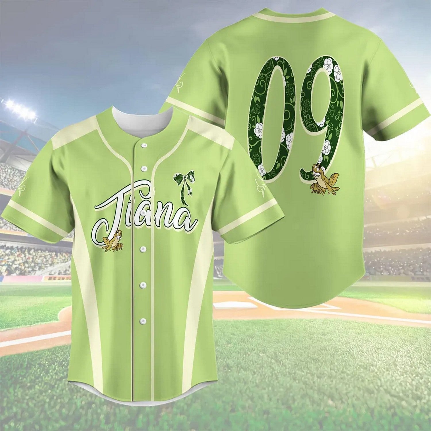 Custom Name And Number Disney Princess Tiana Green Baseball Jersey