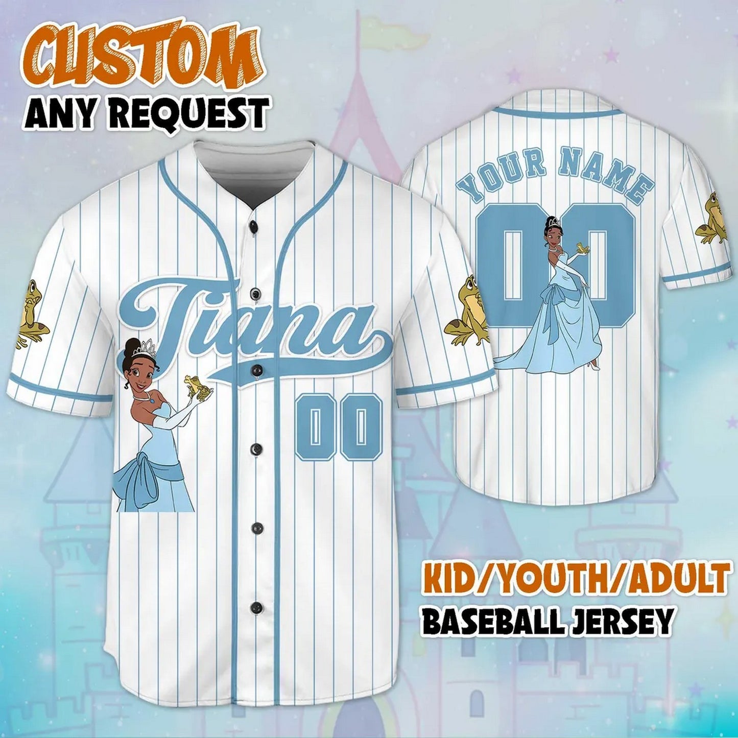 Custom Name And Number Disney Princess Tiana Striped Blue White Baseball Jersey