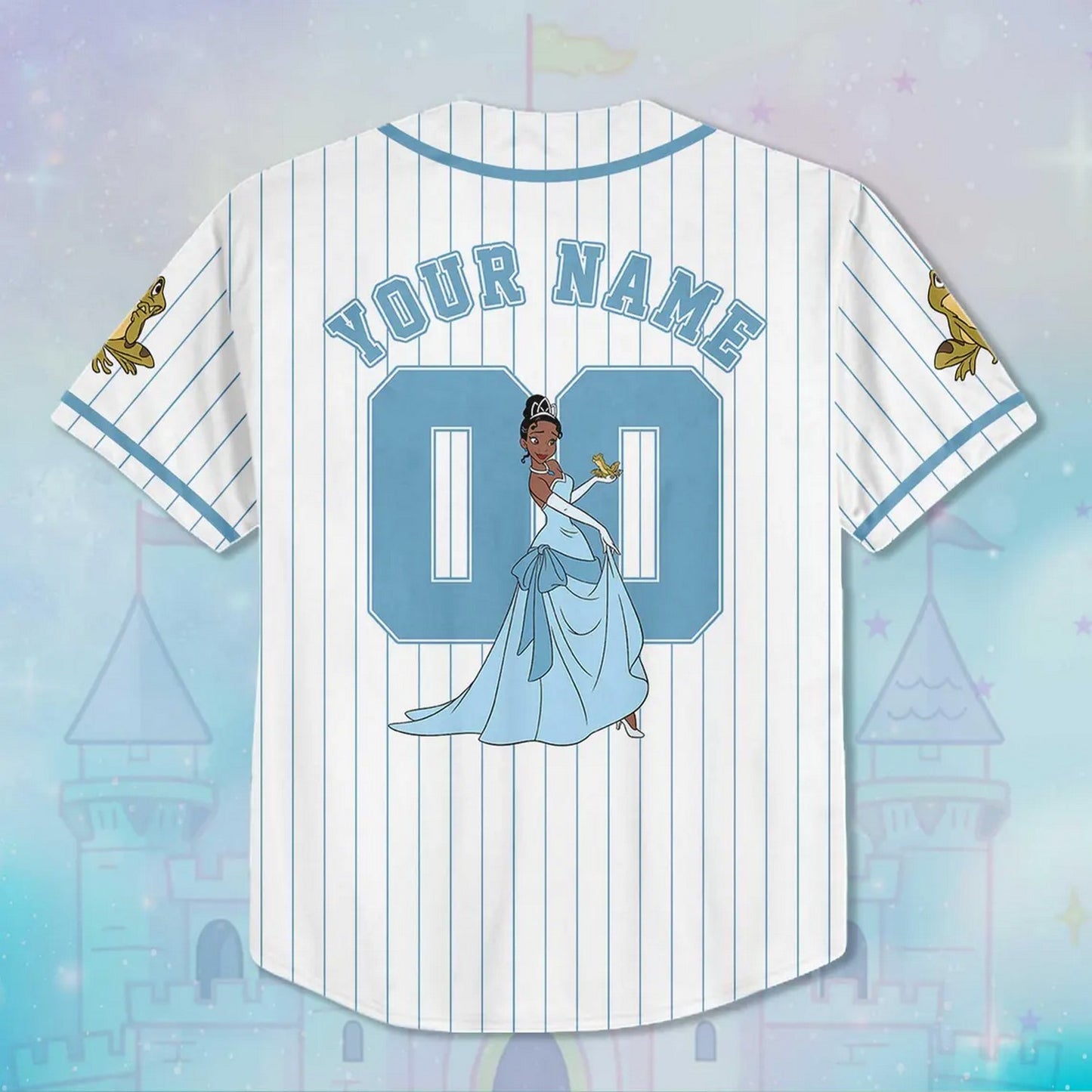 Custom Name And Number Disney Princess Tiana Striped Blue White Baseball Jersey