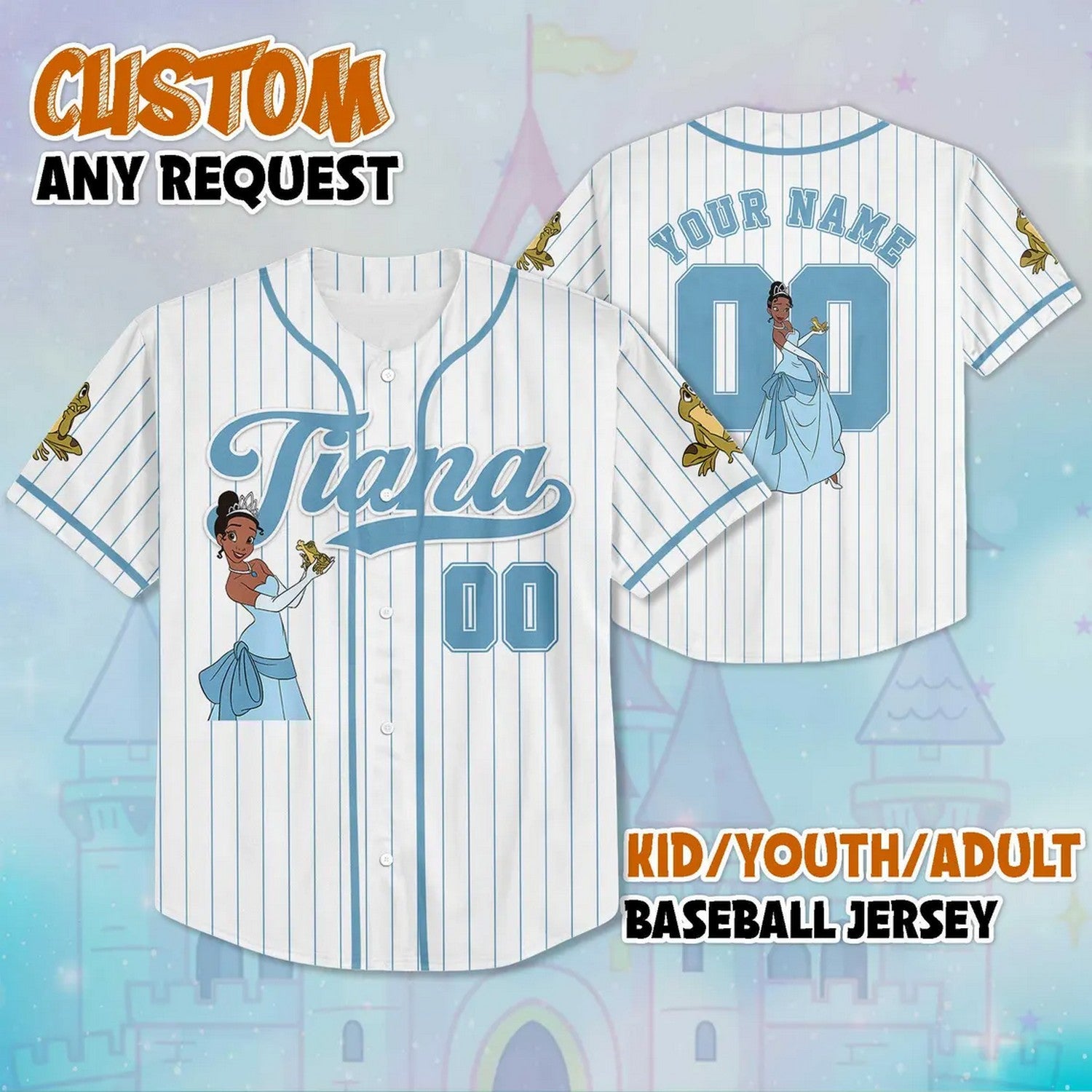 Custom Name And Number Disney Princess Tiana Striped Blue White Baseball Jersey