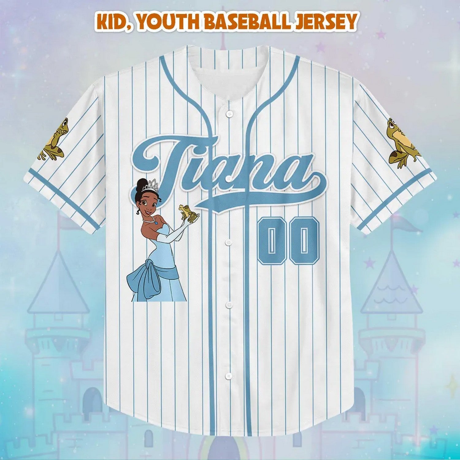Custom Name And Number Disney Princess Tiana Striped Blue White Baseball Jersey