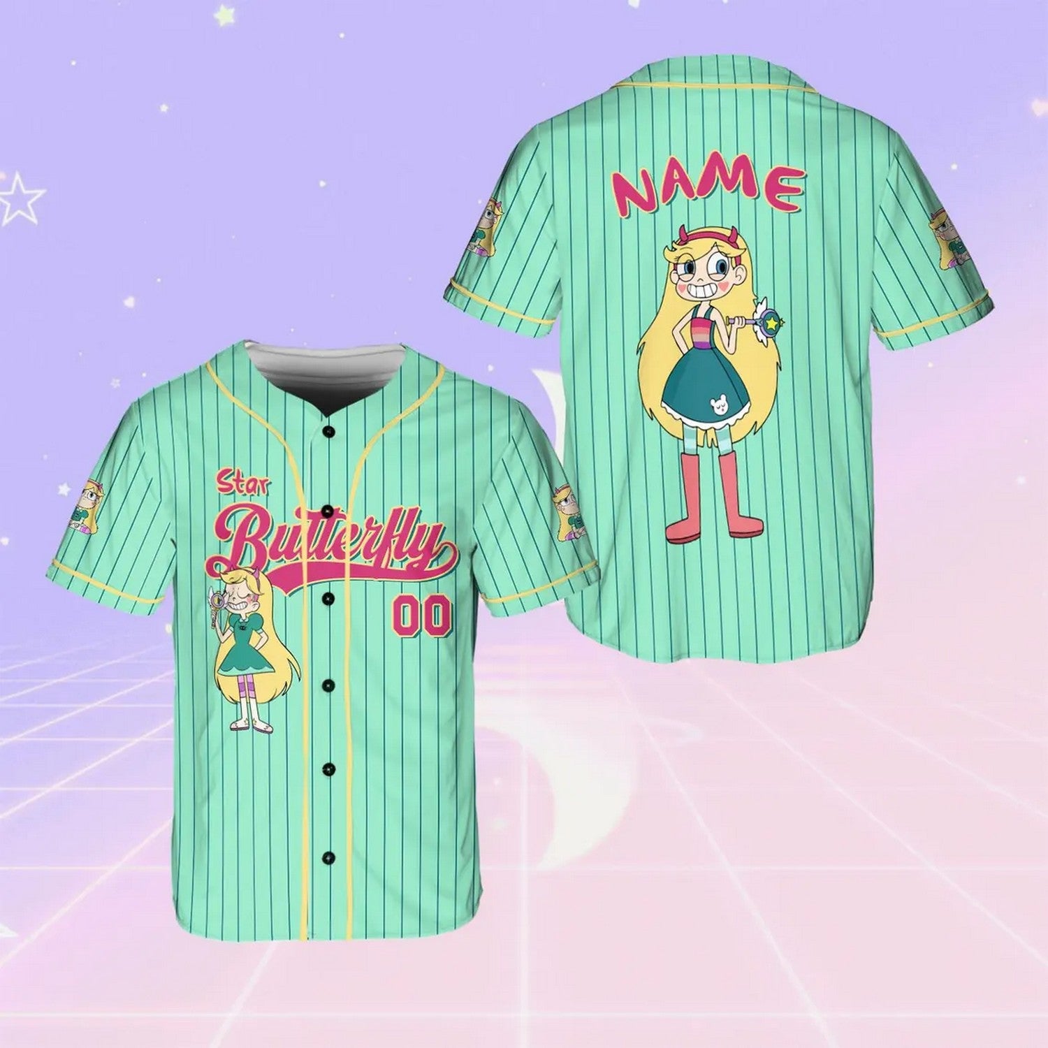 Custom Name And Number Disney Star Butterfly Green Baseball Jersey