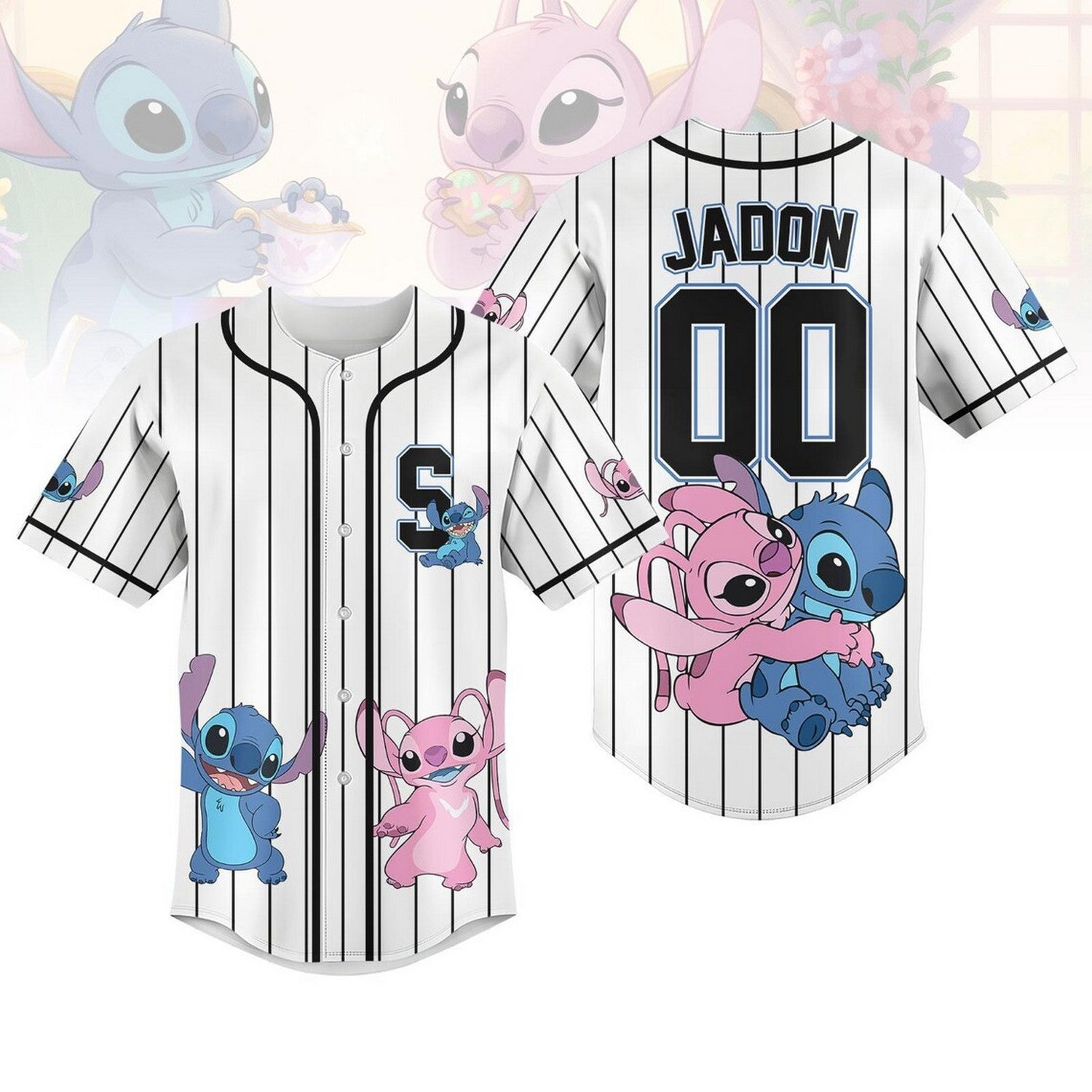 Custom Name And Number Disney Stitch And Angel Striped White Baseball Jersey
