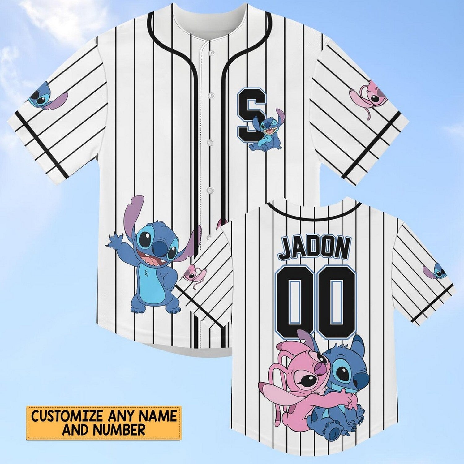 Custom Name And Number Disney Stitch And Angel Striped White Baseball Jersey