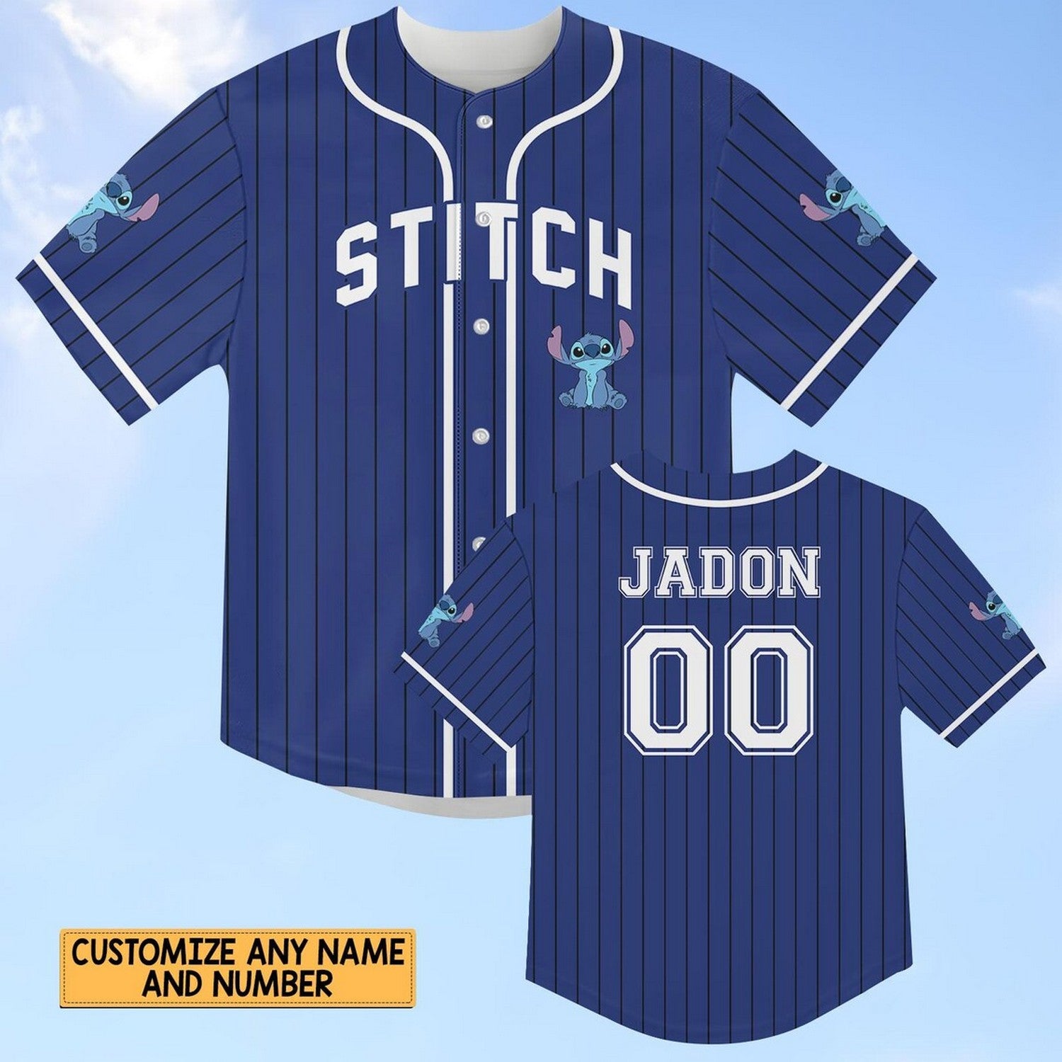 Custom Name And Number Disney Stitch Striped Blue Baseball Jersey