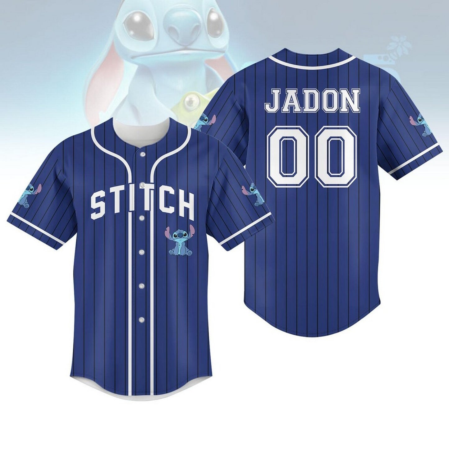 Custom Name And Number Disney Stitch Striped Blue Baseball Jersey