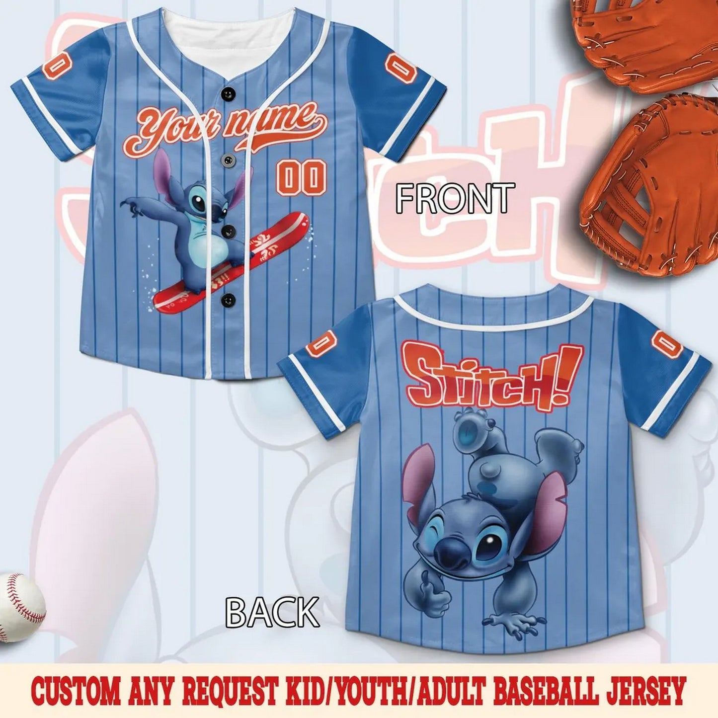 Custom Name And Number Disney Stitch Surfing Striped Blue Baseball Jersey
