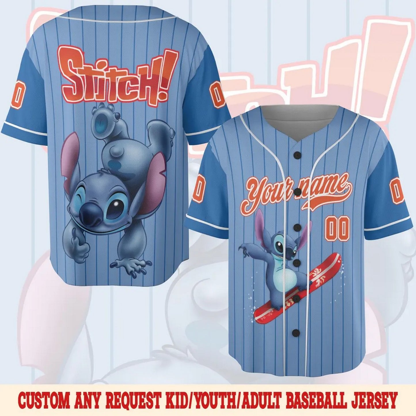 Custom Name And Number Disney Stitch Surfing Striped Blue Baseball Jersey