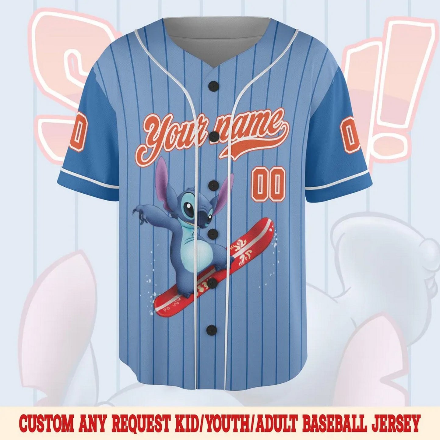 Custom Name And Number Disney Stitch Surfing Striped Blue Baseball Jersey