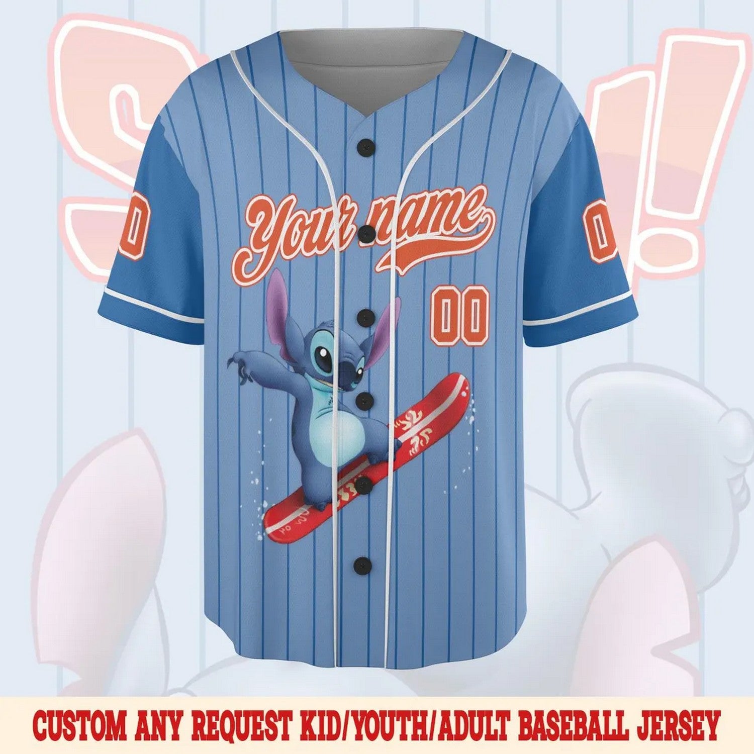 Custom Name And Number Disney Stitch Surfing Striped Blue Baseball Jersey