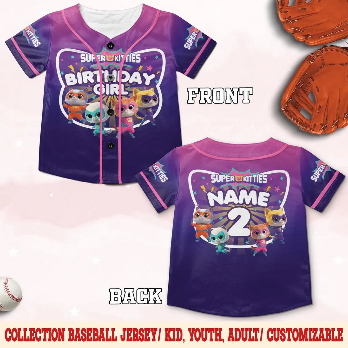 Custom Name And Number Disney Superkitties Purple Baseball Jersey