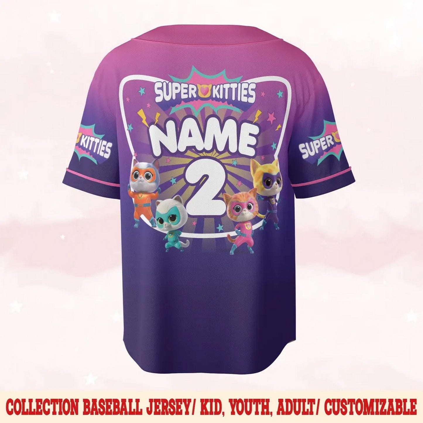 Custom Name And Number Disney Superkitties Purple Baseball Jersey