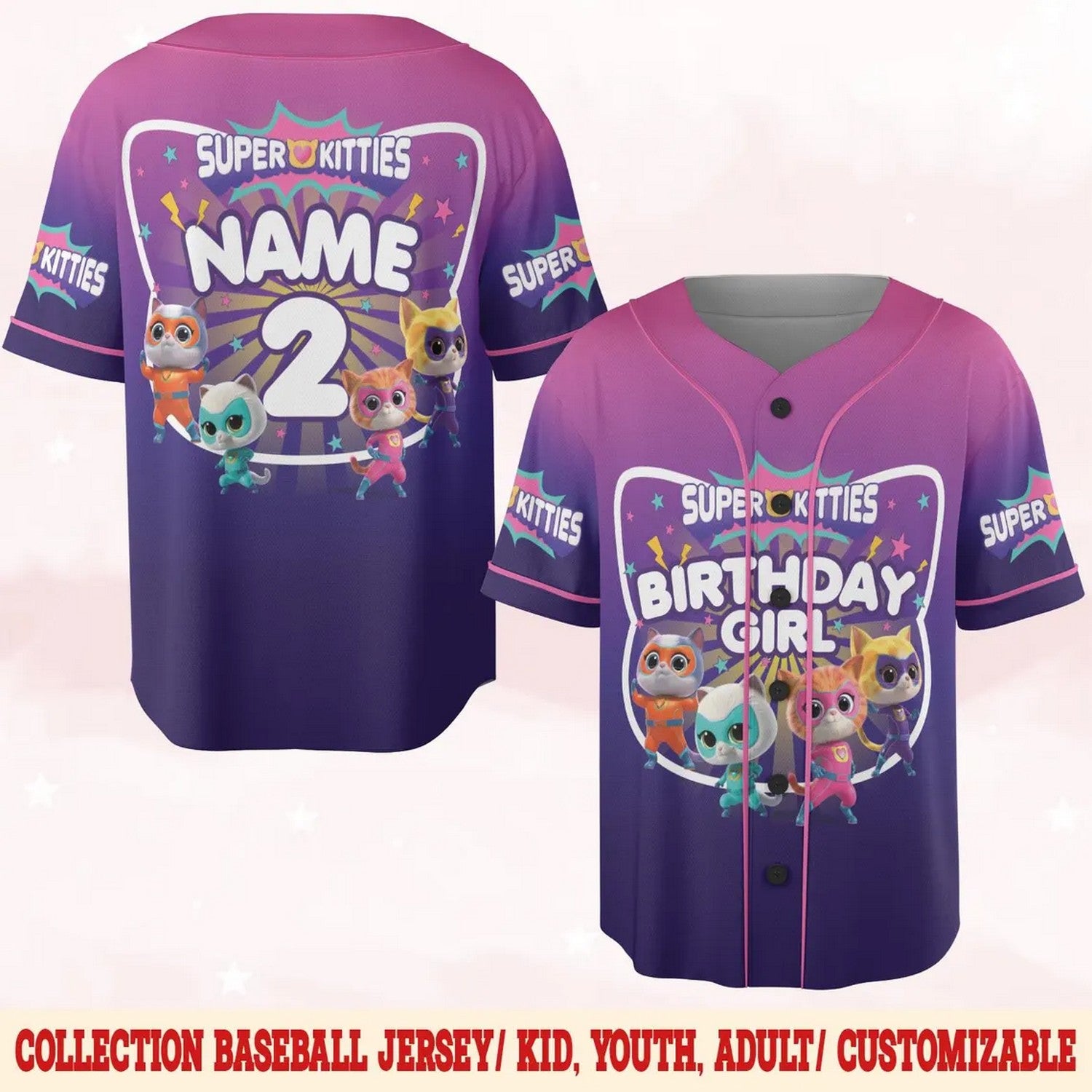 Custom Name And Number Disney Superkitties Purple Baseball Jersey