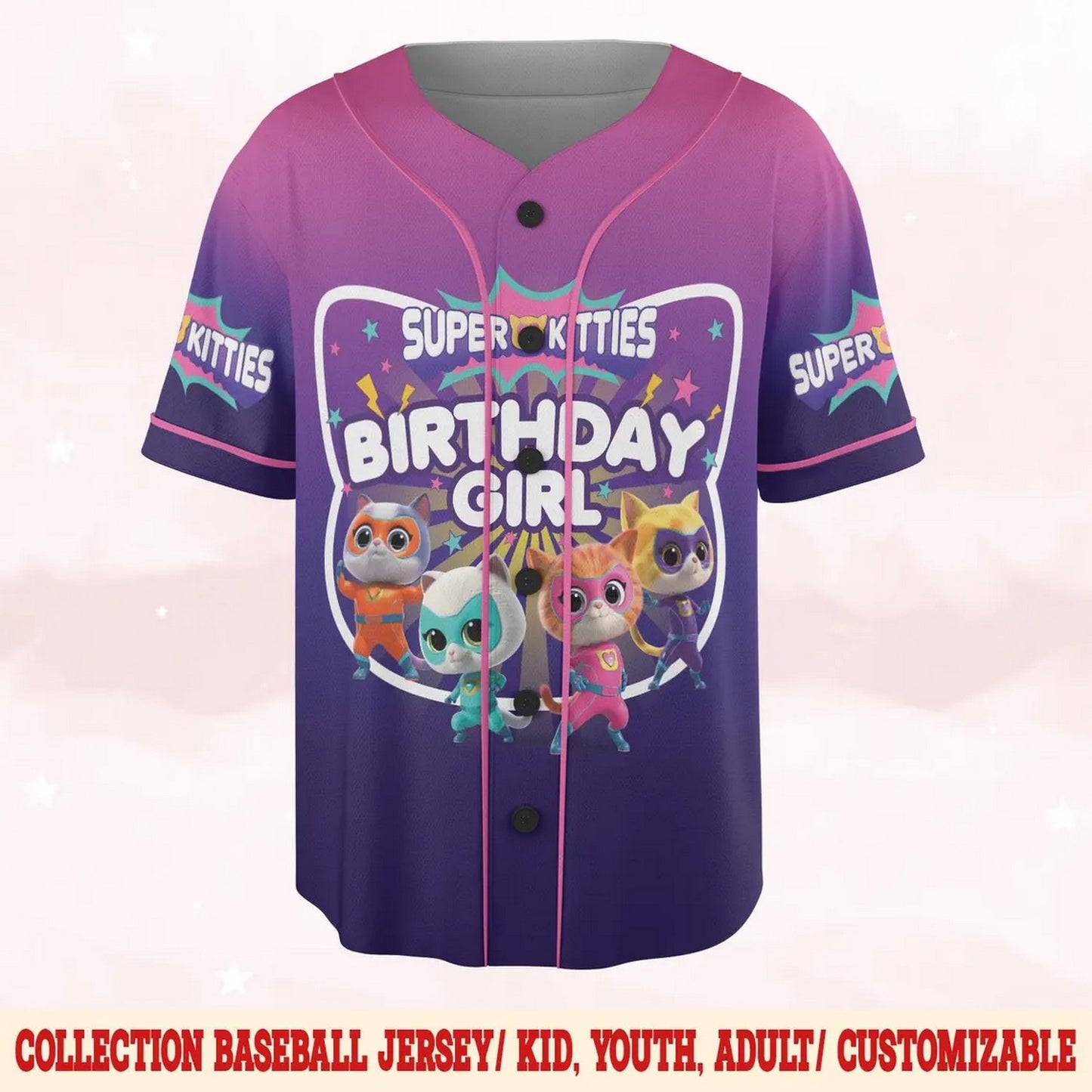 Custom Name And Number Disney Superkitties Purple Baseball Jersey