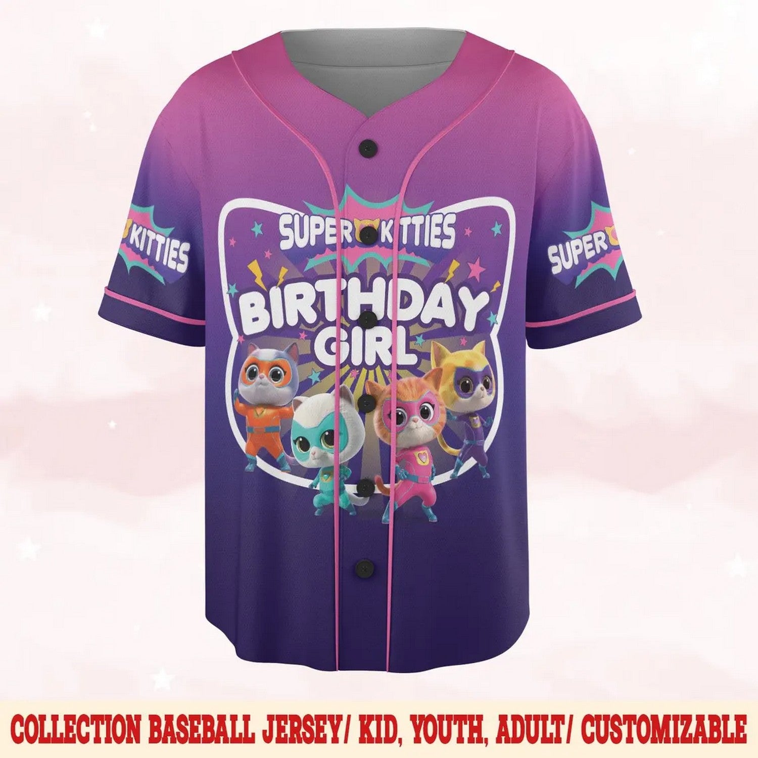 Custom Name And Number Disney Superkitties Purple Baseball Jersey