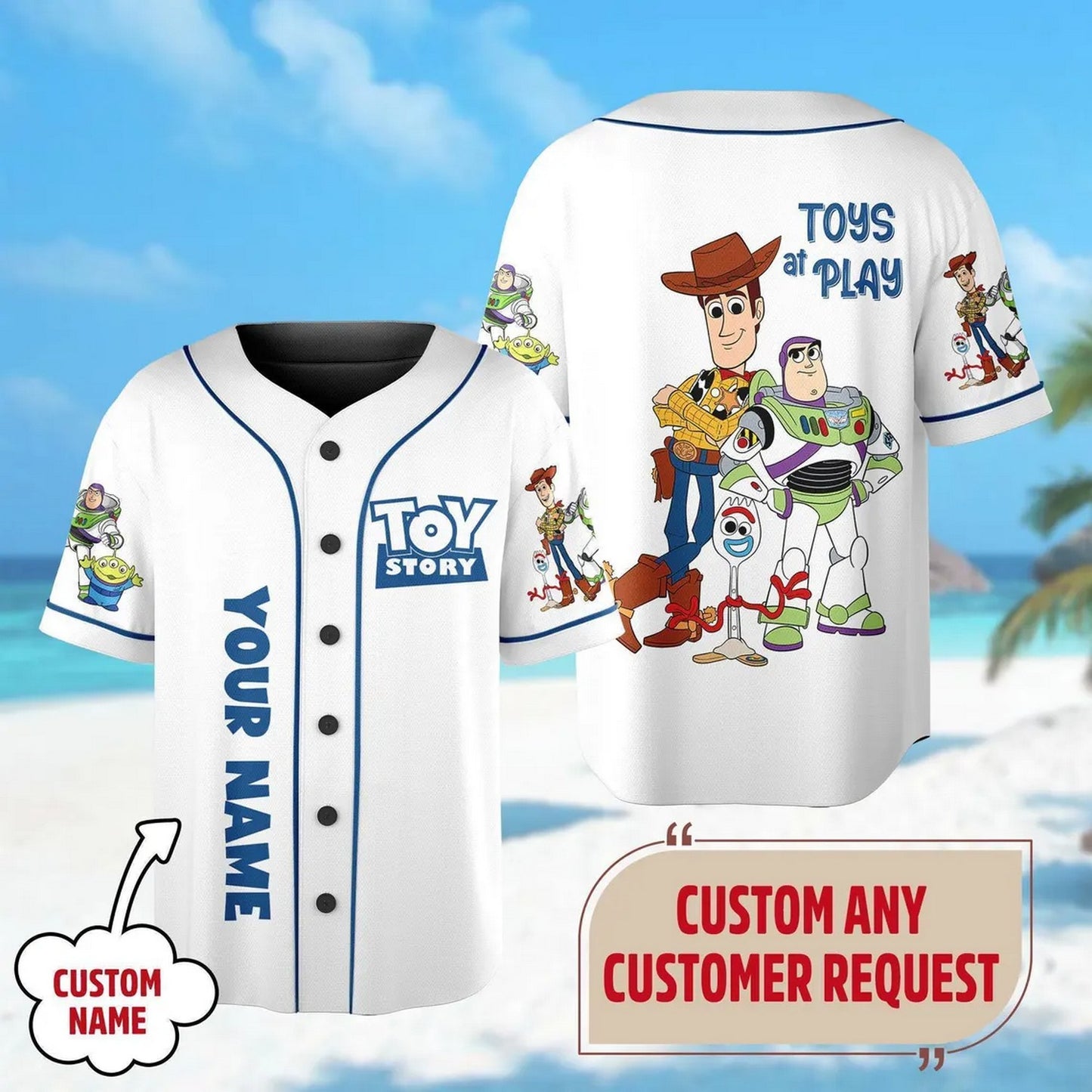 Custom Name And Number Disney Toy Story Characters Simple White Baseball Jersey