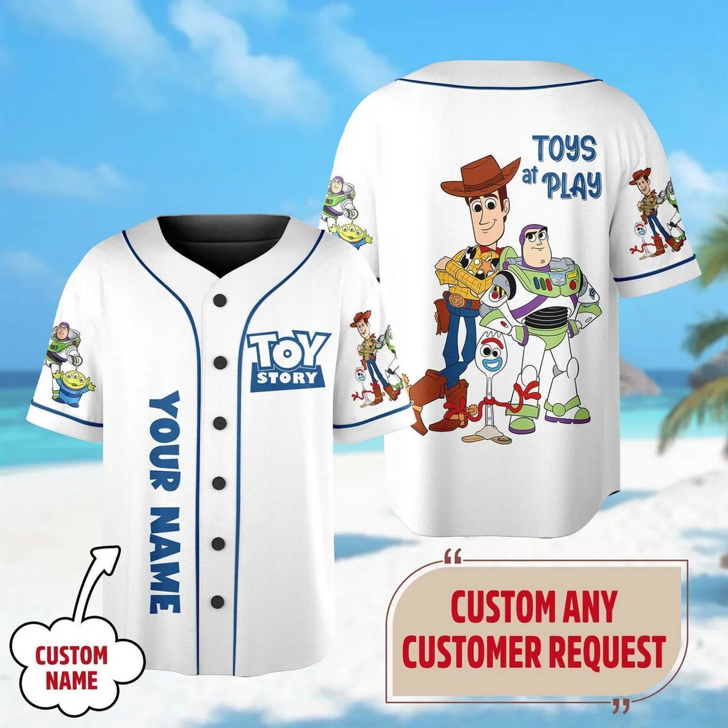 Custom Name And Number Disney Toy Story Characters Simple White Baseball Jersey