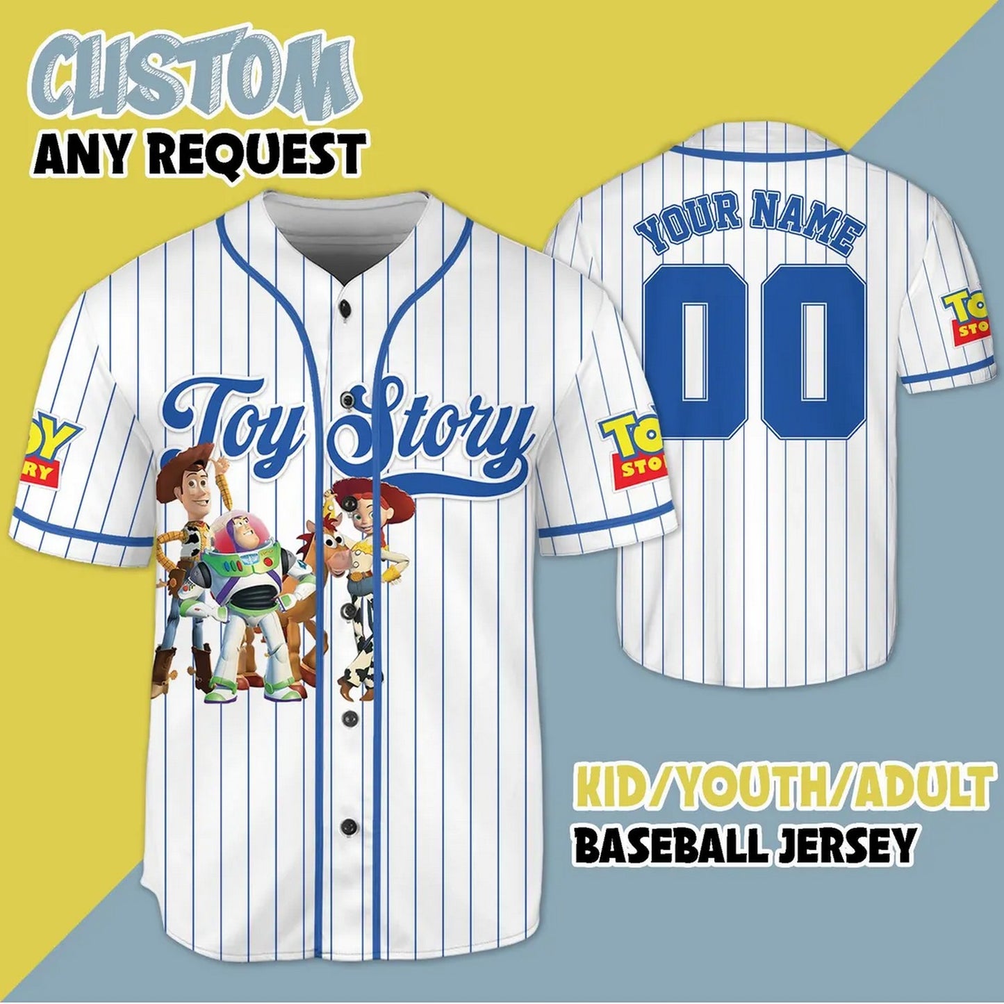 Custom Name And Number Disney Toy Story Characters Striped White Baseball Jersey