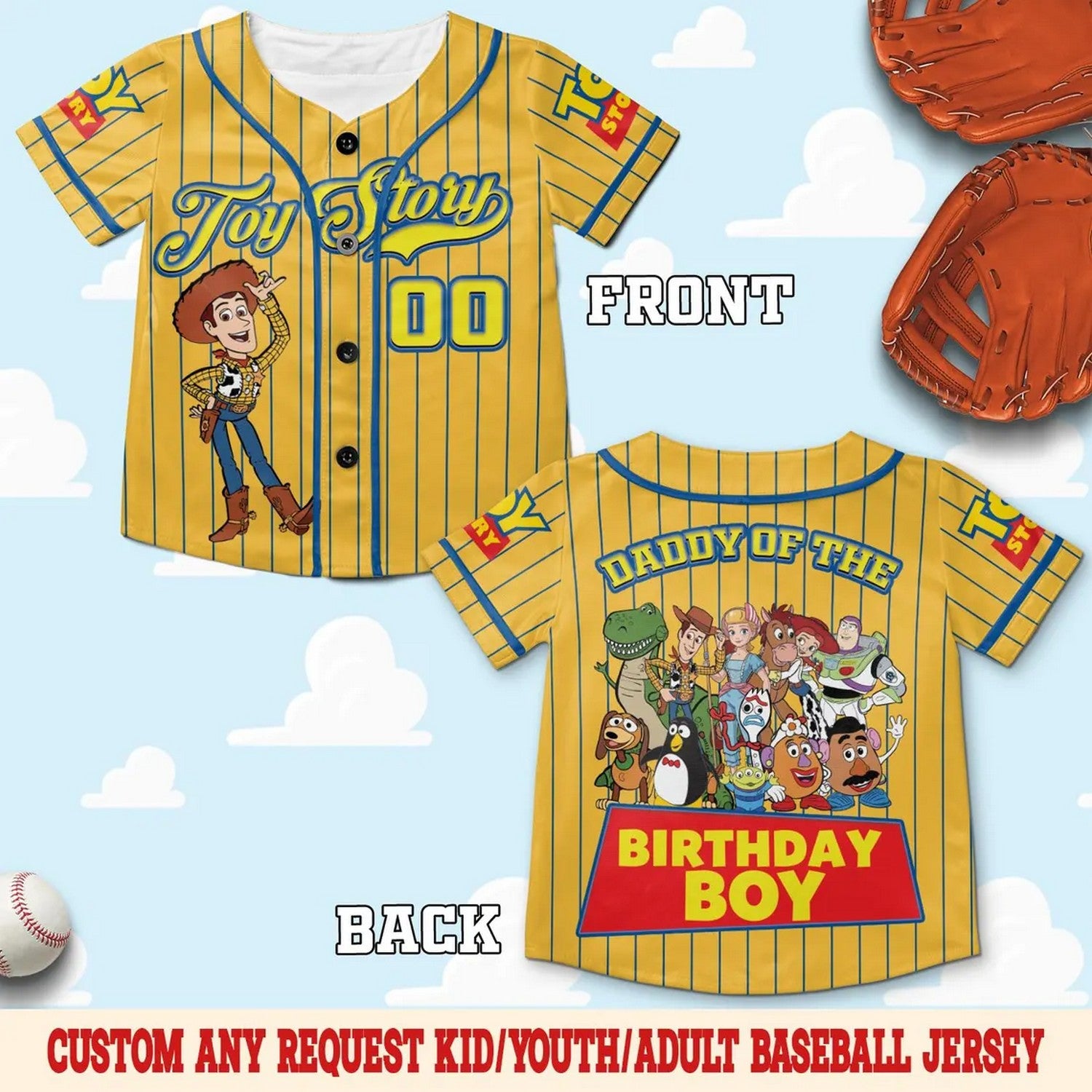 Custom Name And Number Disney Toy Story Woody And Characters Striped Yellow Baseball Jersey